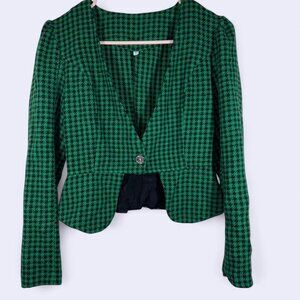 💚 Vintage Green & Black Houndstooth Cropped Blazer (Size S)